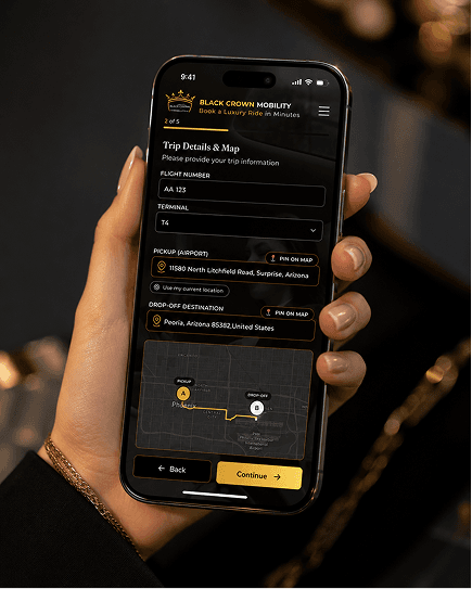 Black Crown app trip details screen